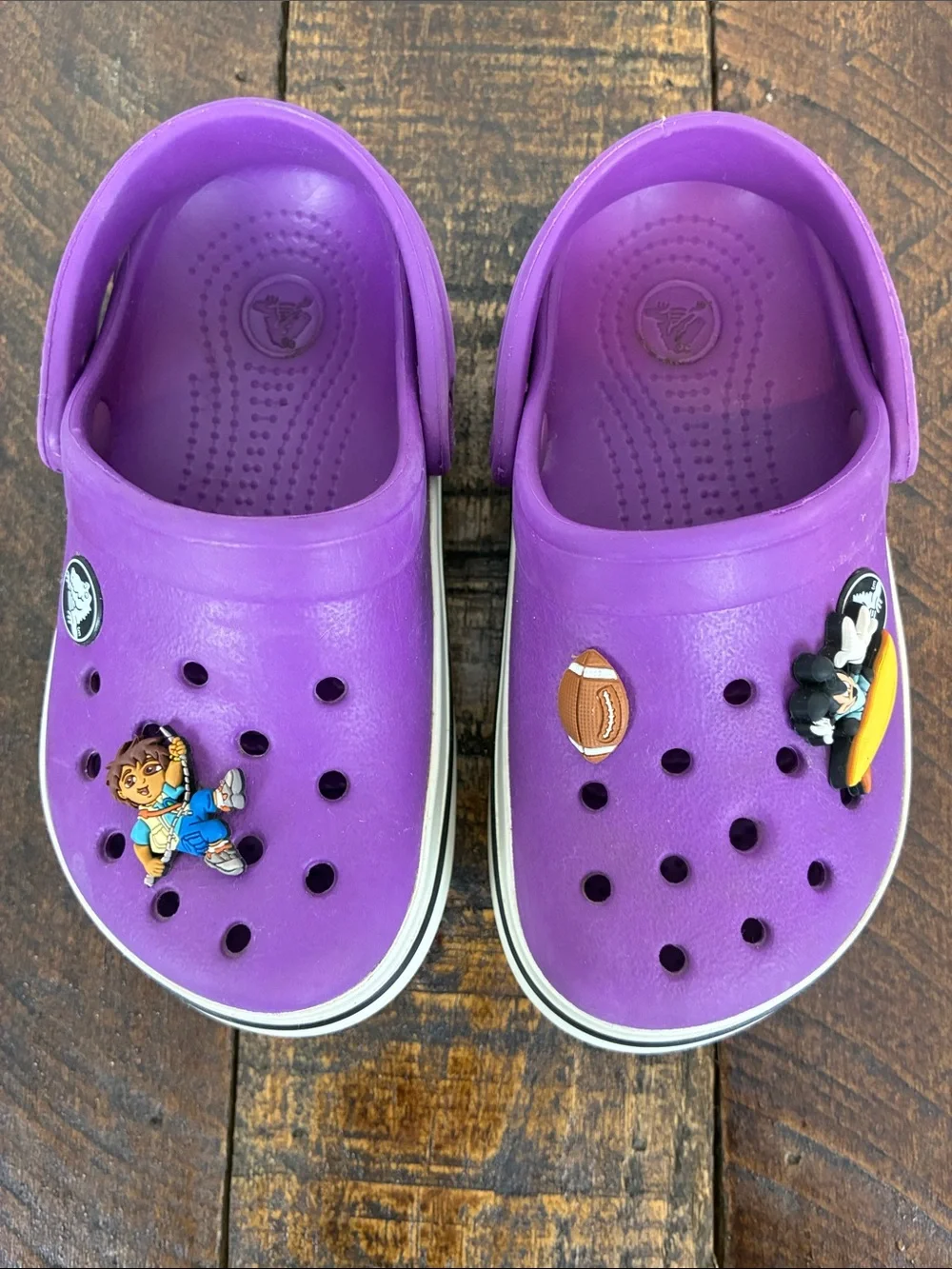 CROCS Kids Purple Slip-On Clogs 8/9 with Charms Diego Mickey Heel Strap